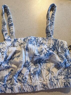 White Crop Top with Blue Botanical Print